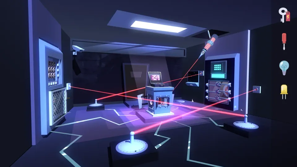 Sala com dispositivos e feixes de laser em Agent A: O enigma disfarçado