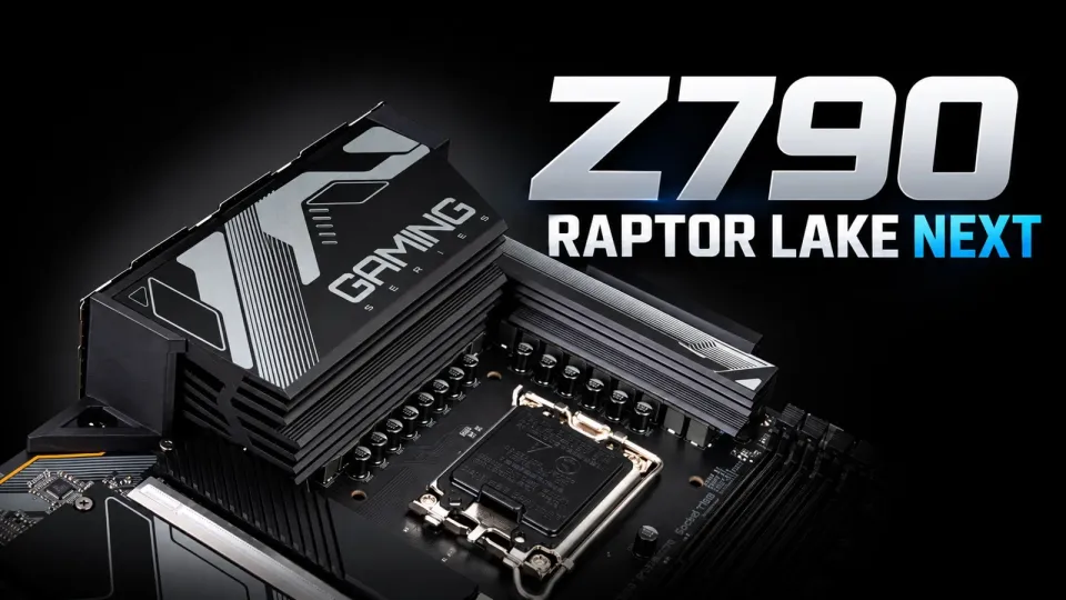 Placa-mãe com socket LGA1700 em montagem editorial sobre o suporte da plataforma