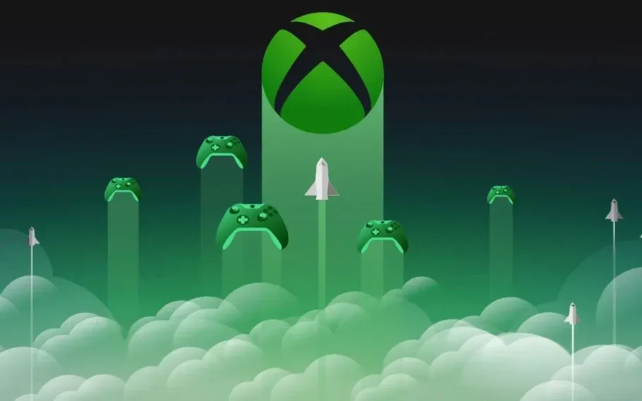 Ilustração de Xbox Cloud Gaming com controles verdes e símbolo do Xbox acima de nuvens