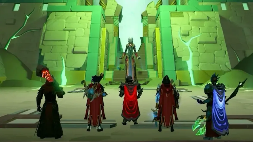 Personagens de RuneScape diante de uma figura em um templo iluminado em verde